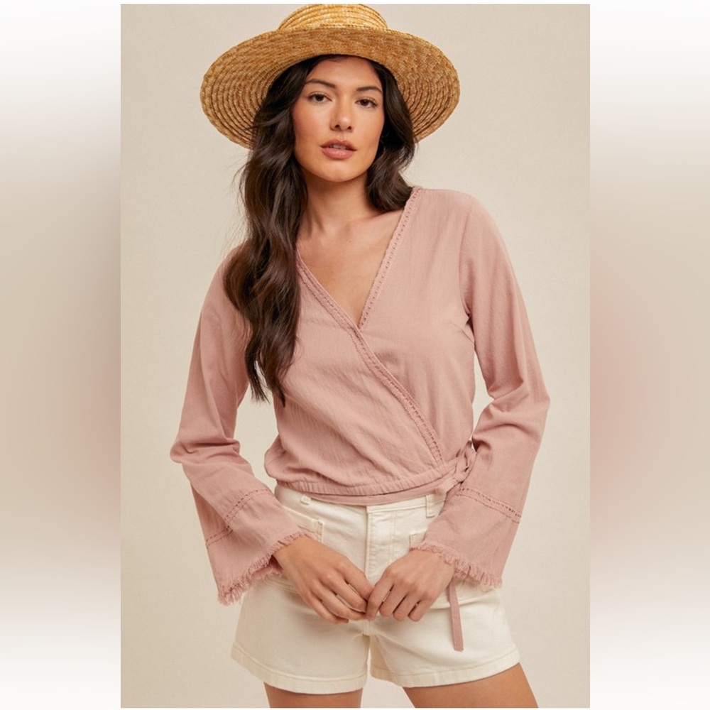 Hem & Thred Indi Pink Wrap Crop Bell Sleeve Blouse NWT